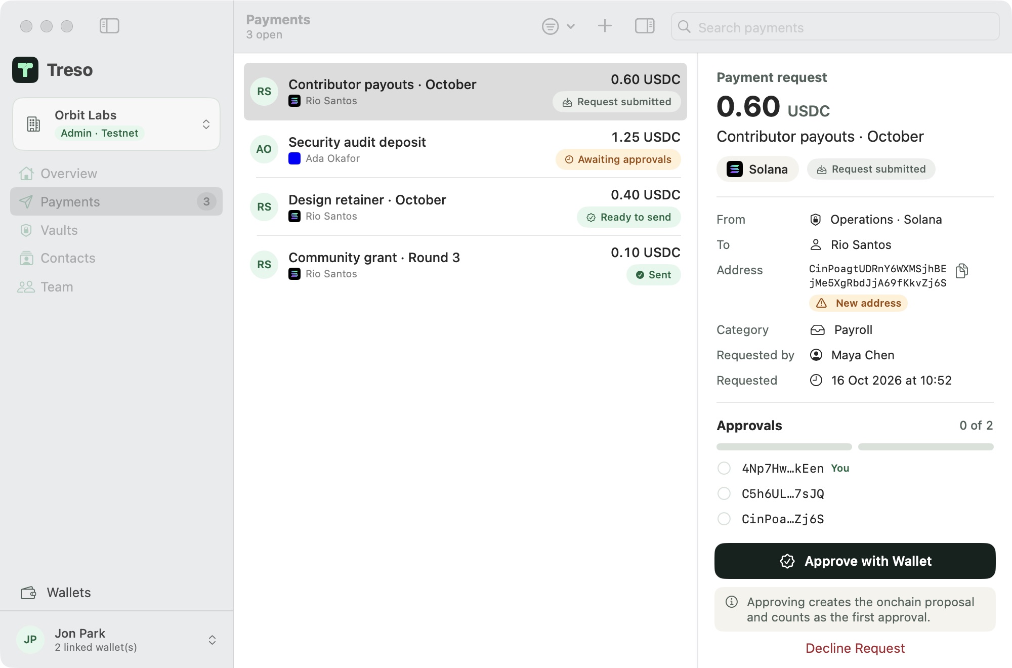 Treso's Payments screen: four payment requests with their status, and the details of one awaiting approval